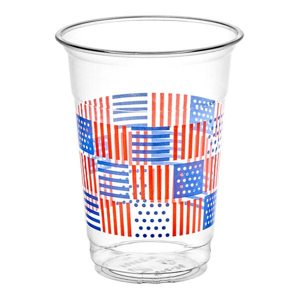 A clear plastic cold cup with a red and blue patriotic print design.