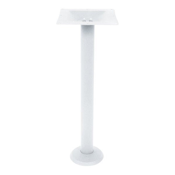 A white powder-coated steel bolt-down bar height table base designed for indoor use.