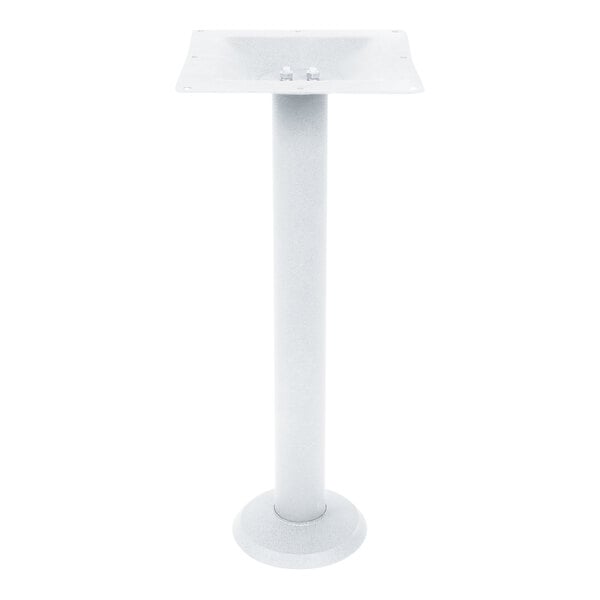 A white powder-coated steel bolt-down table base designed for standard height indoor tables.