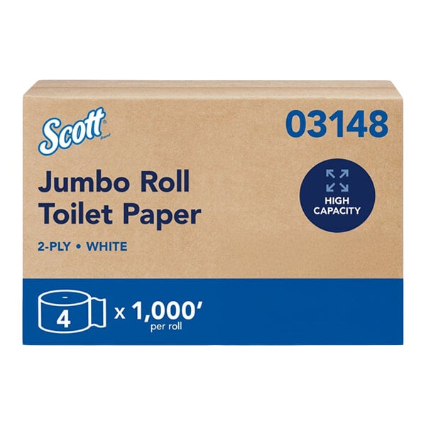 A box of Scott Essential Jumbo Roll 2-ply toilet paper, containing four 1,000-foot rolls.