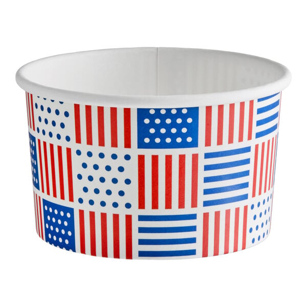A 6 oz. paper food cup with a red, white, and blue patriotic USA print design.