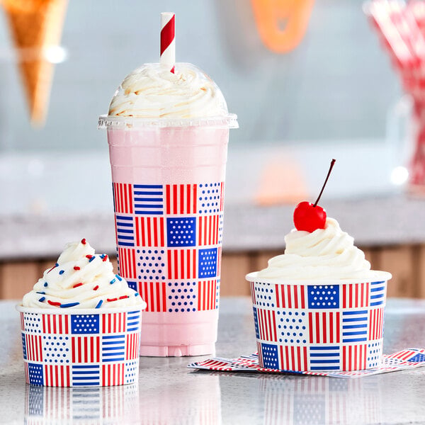 An 8 oz. paper frozen yogurt cup with a patriotic USA print design.