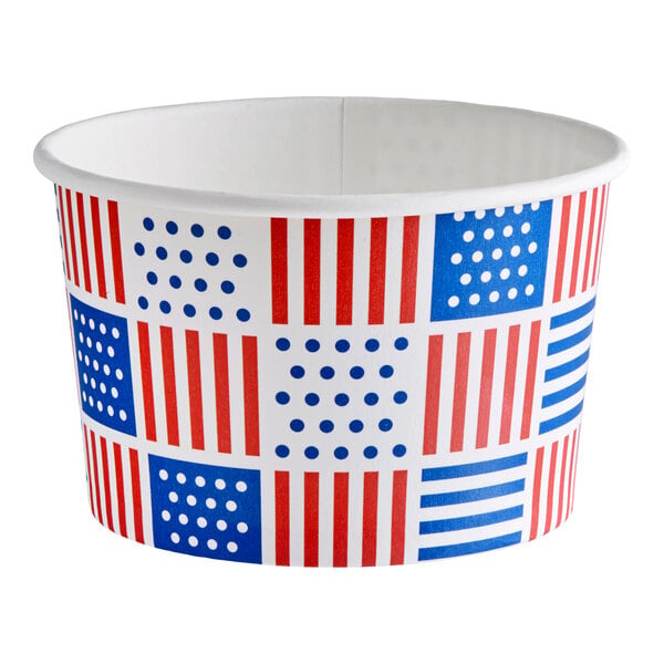 An 8 oz. paper food cup with a patriotic USA print featuring red and blue flag-inspired patterns.