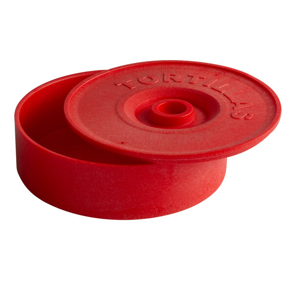 A red plastic tortilla warmer with a lid labeled 'TORTILLAS.'