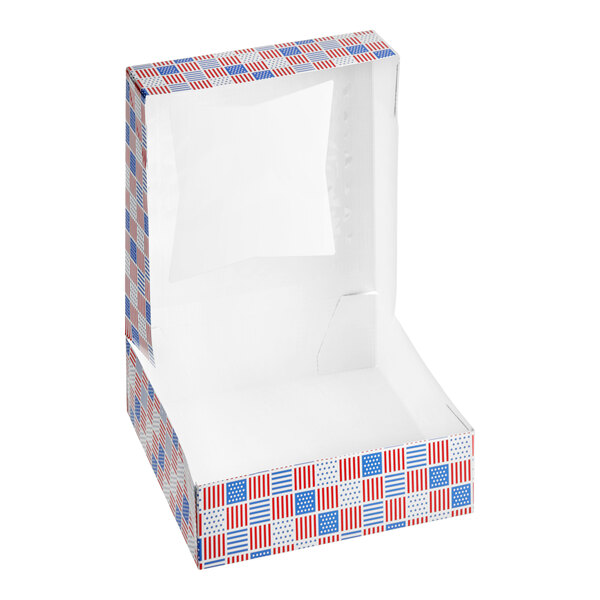 A patriotic USA print bakery box with a clear window and auto-popup design.