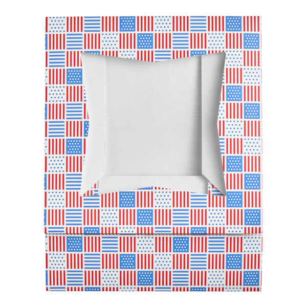 A square bakery box with a patriotic USA flag print and a clear window on the top.