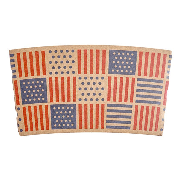 A cardboard coffee cup sleeve with a red, white, and blue patriotic print design.