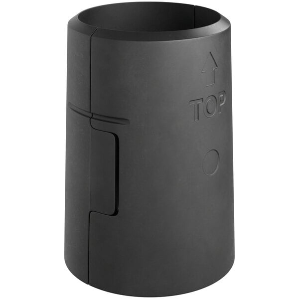A black plastic cylindrical object with a handle.