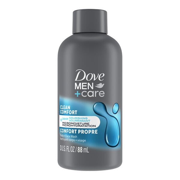 A 3 fl. oz. bottle of Dove Men+Care Clean Comfort Body and Face Wash.