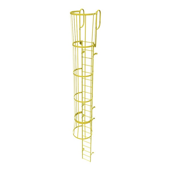 A yellow steel fixed ladder with a safety cage and walk-thru guardrails.
