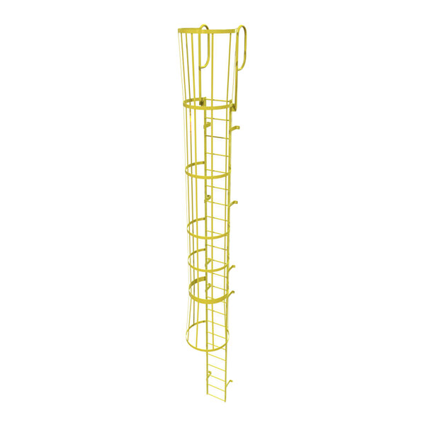 A yellow steel fixed ladder with a safety cage and walk-thru guardrails designed for industrial use.