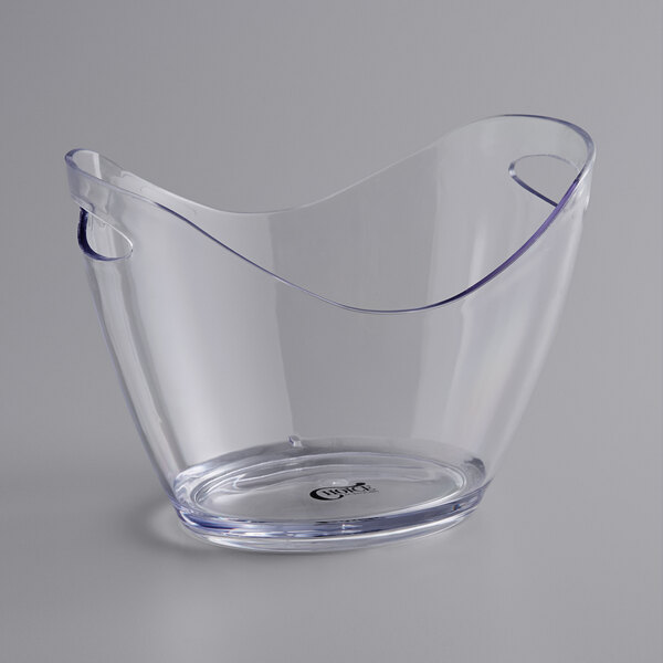 A clear plastic oval wine bucket with handles, designed to hold two bottles.