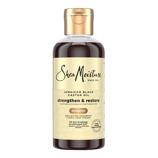 A 3.2 fl. oz. bottle of Shea Moisture Jamaican Black Castor Oil Strengthen & Restore Shampoo.