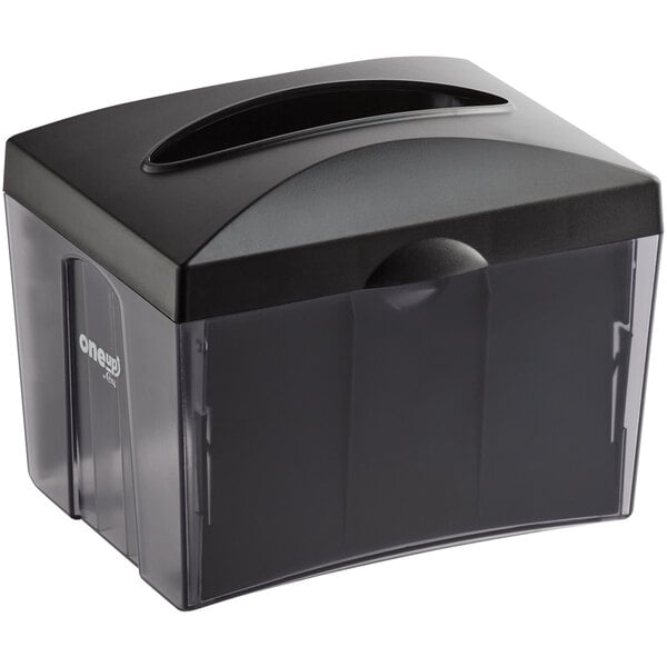A smoke black tabletop interfold napkin dispenser with a handle on top.