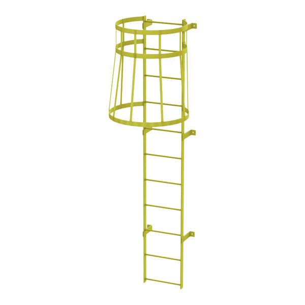 A yellow steel fixed ladder with an attached safety cage designed for industrial use.