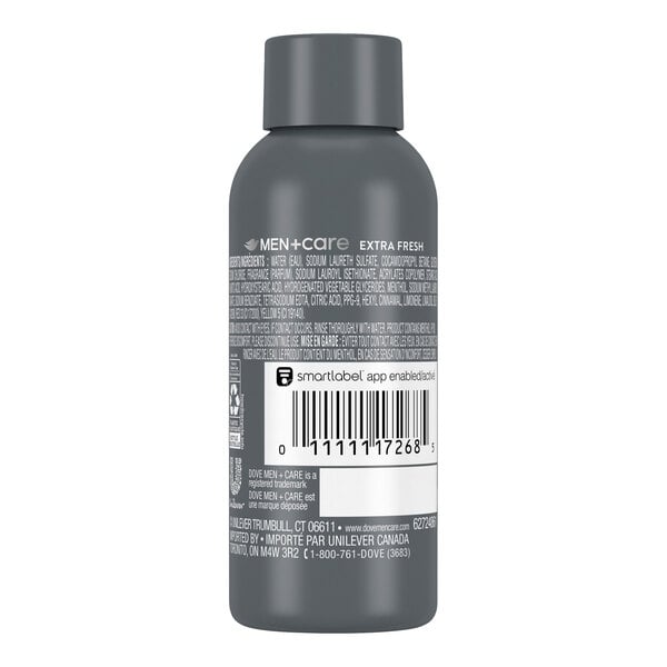 A small gray bottle of Dove Men+Care Extra Fresh Body and Face Wash.