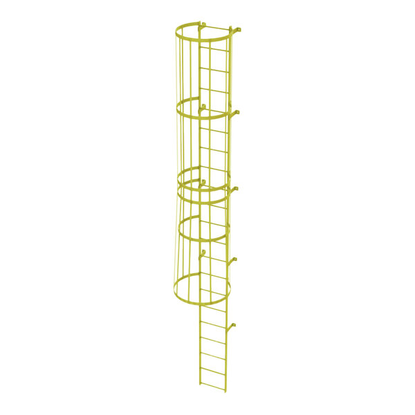 A yellow steel fixed ladder with a safety cage and 21 rungs.