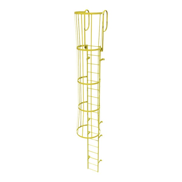 A yellow steel fixed ladder with an attached safety cage and walk-thru guardrails.