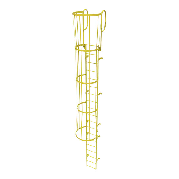 A yellow steel fixed ladder with a safety cage and walk-thru guardrails designed for industrial use.