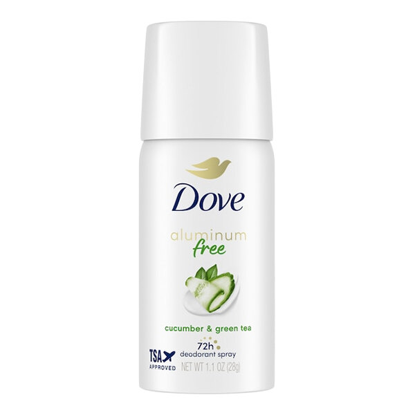 A 1.1 oz bottle of Dove aluminum-free cucumber and green tea deodorant spray.
