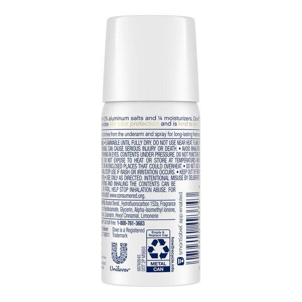 A small white spray can of Dove aluminum-free cucumber and green tea deodorant.