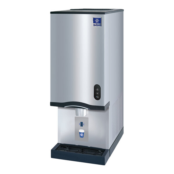 A stainless steel countertop nugget ice maker and water dispenser with a solid panel sensor dispensing system.