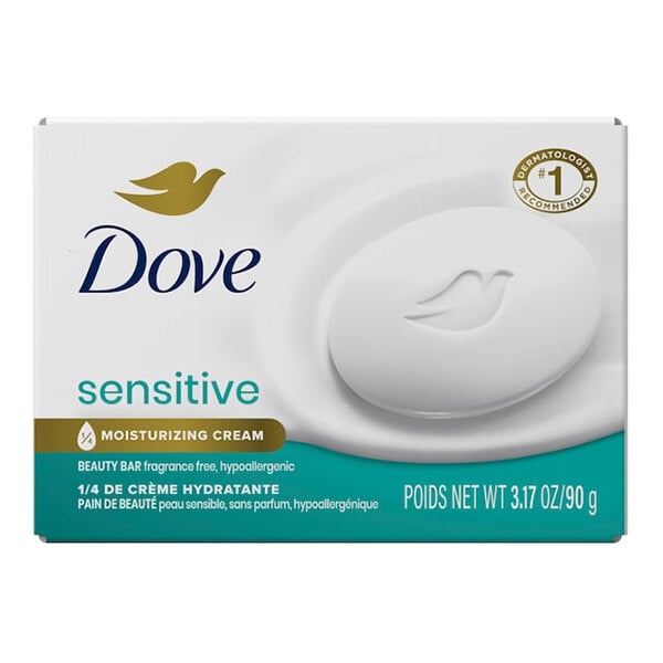 A box of Dove Sensitive Skin moisturizing cream beauty bar soap weighing 3.17 oz.