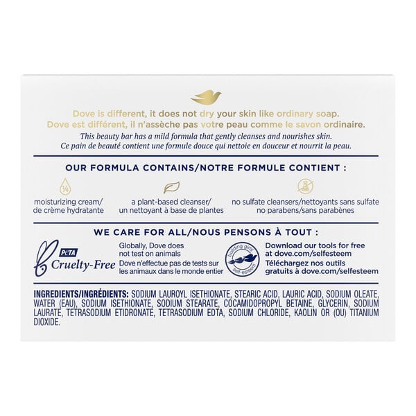 A back label of Dove Sensitive Skin bar soap displaying product information, ingredients, and features.