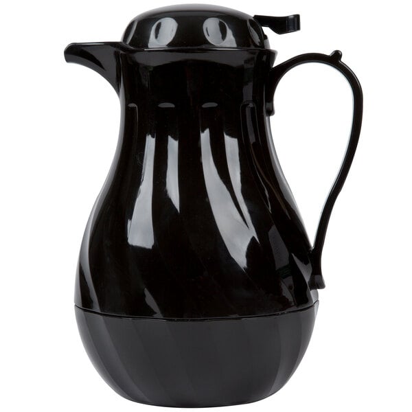 A black thermal swirl coffee carafe with a handle and spout.