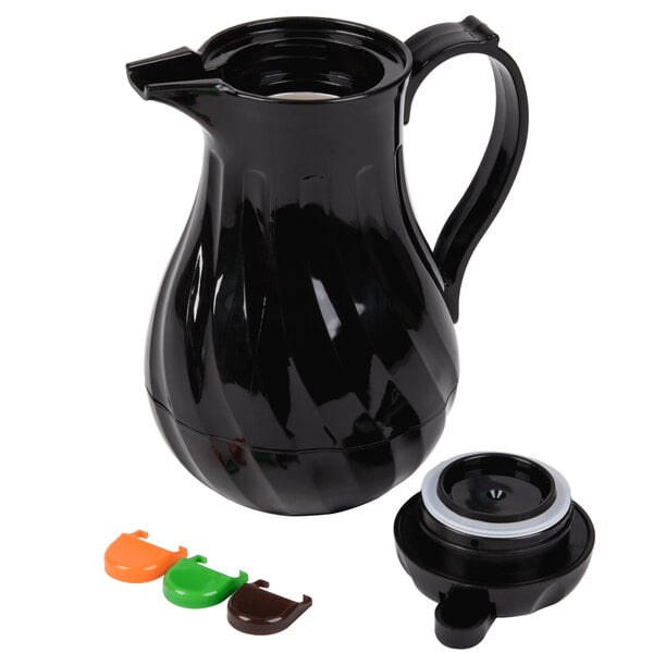 A black thermal swirl coffee carafe with a handle, removable lid, and three colored identification tags.