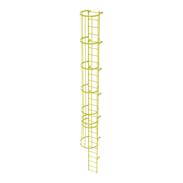 A yellow steel fixed ladder with a safety cage and 28 rungs.
