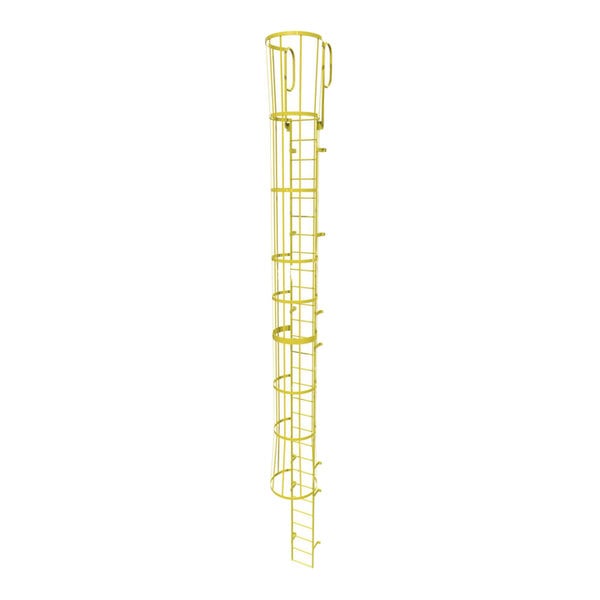 A yellow steel fixed ladder with a safety cage and walk-thru guardrails.
