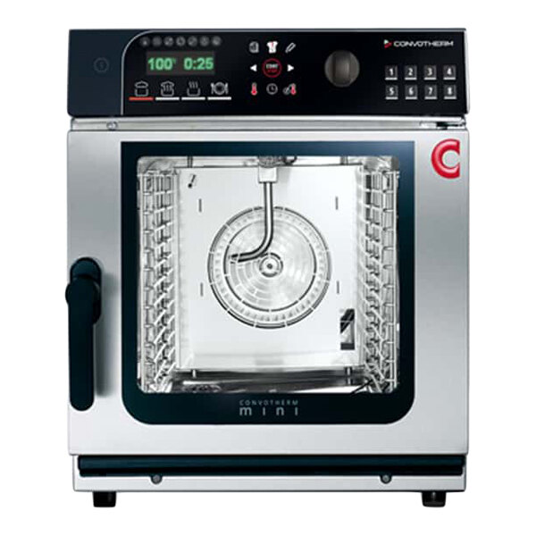 A compact electric combi oven with easyTouch controls and a glass door, designed to hold five half-size pans.