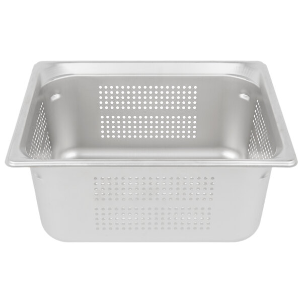 A white rectangular stainless steel pan with small holes in it.