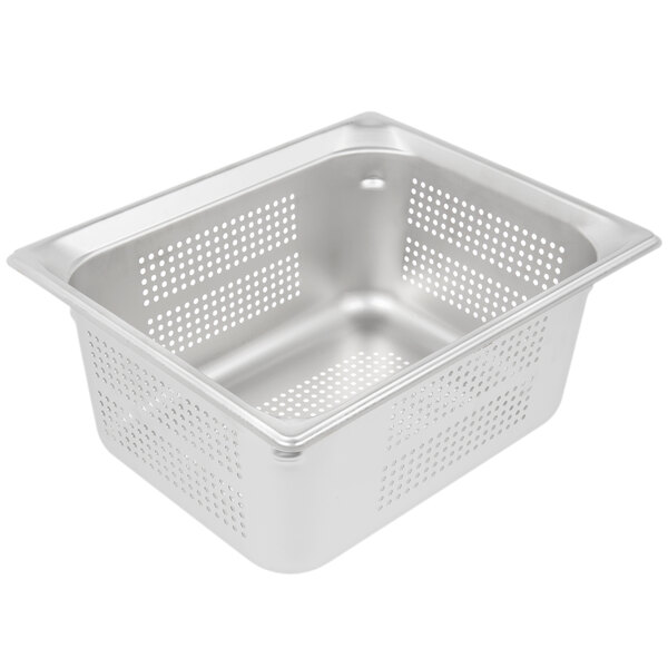 A Vollrath Super Pan 3 stainless steel hotel pan with holes.
