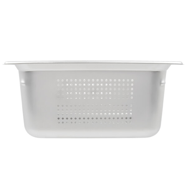 A Vollrath stainless steel hotel pan with holes.