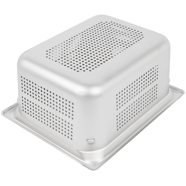 A silver stainless steel square hotel pan with holes in it.