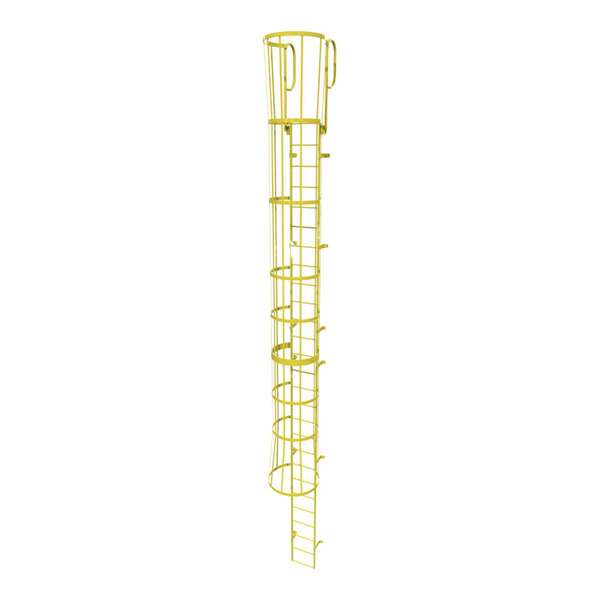 A yellow steel fixed ladder with a safety cage and walk-thru guardrails designed for industrial use.