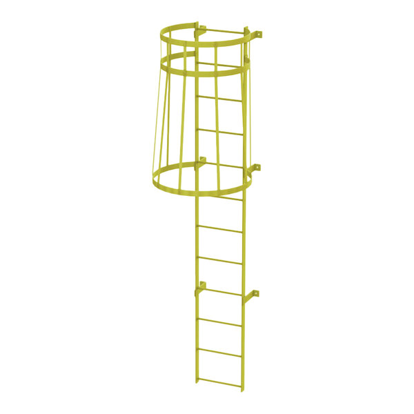 A yellow steel fixed ladder with a safety cage and twelve rungs.