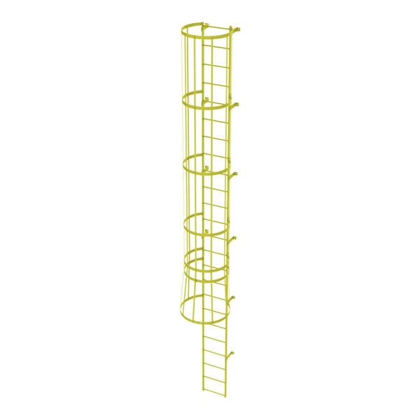 A yellow steel fixed ladder with a safety cage and 24 rungs.