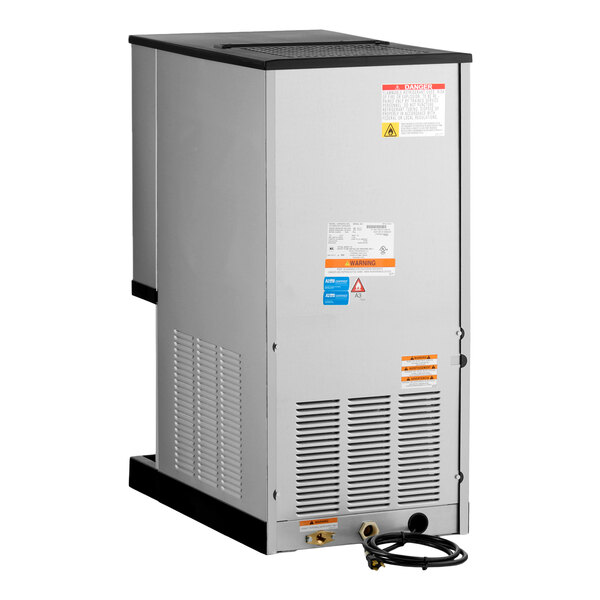 A stainless steel air cooled countertop nugget ice maker and dispenser with a lever dispensing system and a 10 lb. bin.