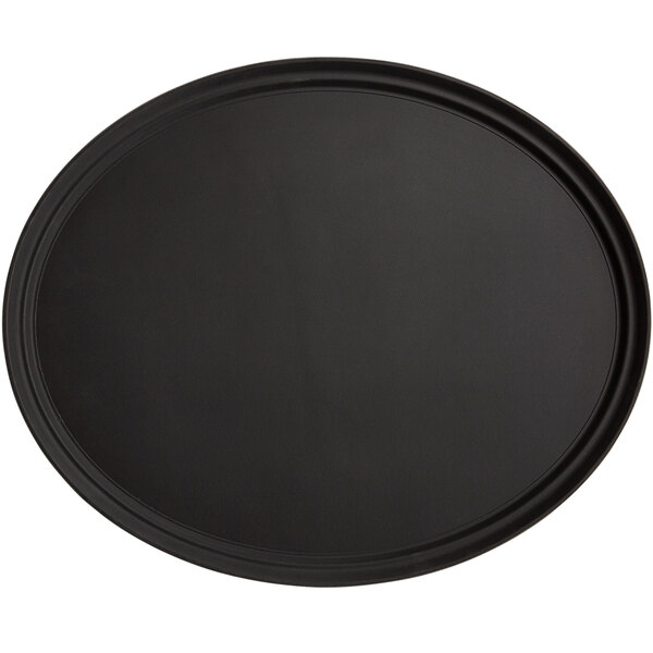 A large black oval fiberglass non-skid serving tray.