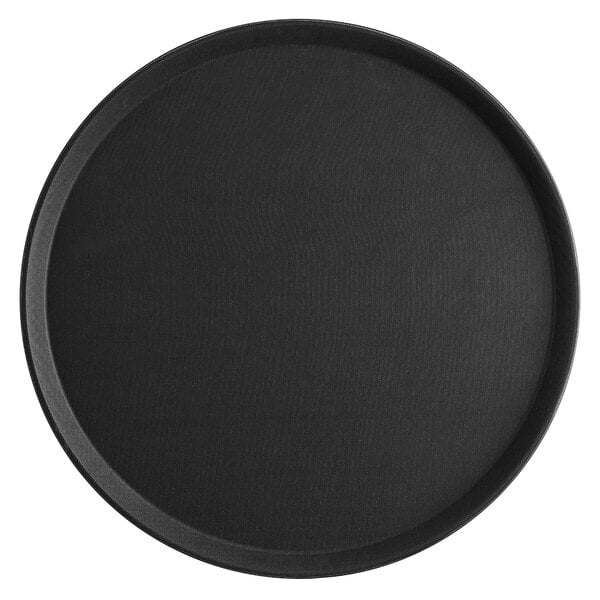A large, round black non-skid serving tray.