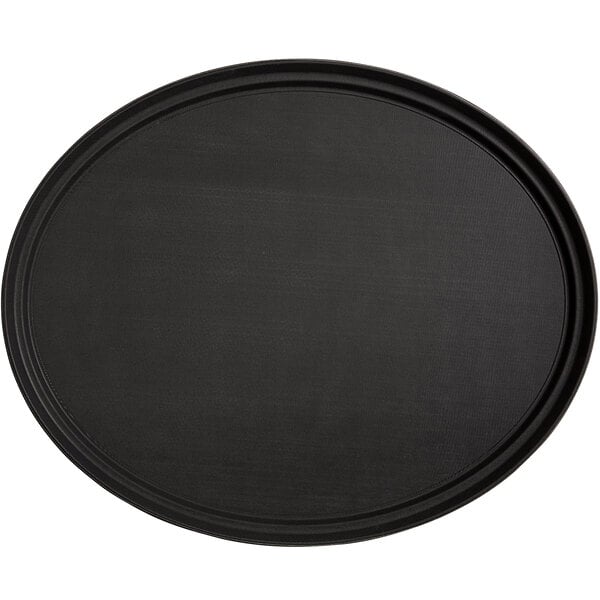 A large black oval non-skid serving tray.