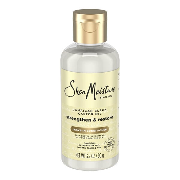 A 3.2 fl. oz. bottle of Shea Moisture Strengthen & Restore Jamaican Black Castor Oil Leave-In Conditioner.
