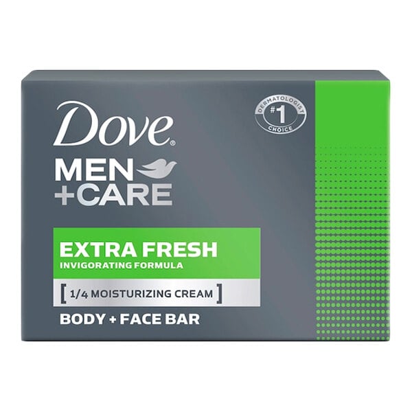 A box of Dove Men+Care Extra Fresh body and face bar soap.