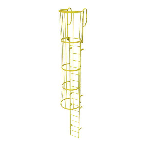 A yellow steel fixed ladder with a safety cage and walk-thru guardrails.