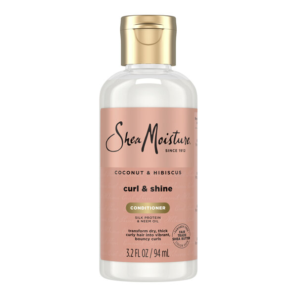 A 3.2 fl. oz. bottle of Shea Moisture Coconut & Hibiscus Curl & Shine Conditioner.