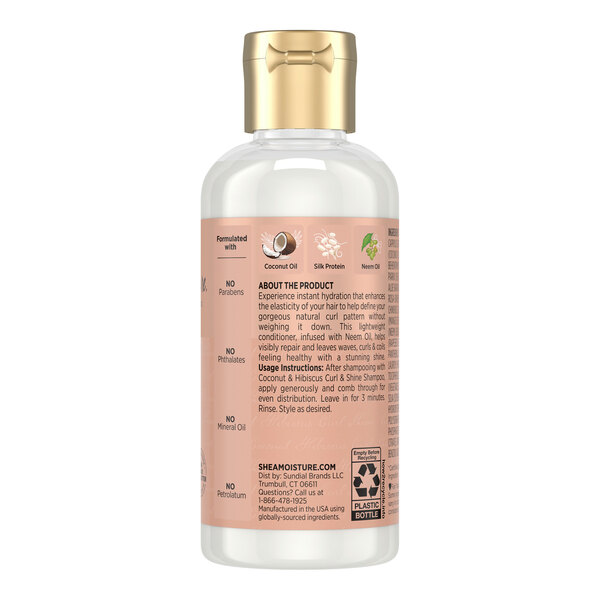 A 3.2 fl. oz. bottle of Shea Moisture Coconut and Hibiscus Curl + Shine Conditioner.