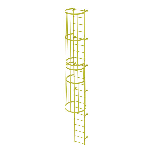 A yellow steel fixed ladder with a safety cage and 22 rungs.